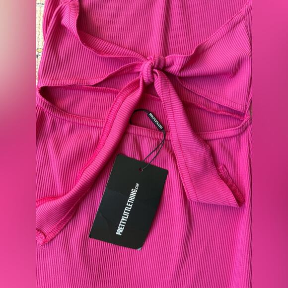 New Pretty Little Thing Ribbed Halter Tie Back mini Dress in Hot Pink size 2 - Picture 5 of 7